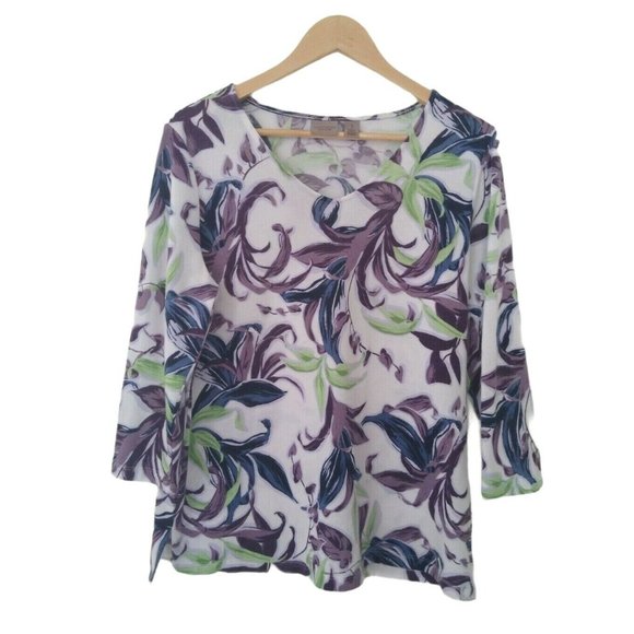 Chico's Sweaters - Chicos Womens Sweater Floral Purple 3/4 Sleeves Sz 1 Medium Easywear V Neck